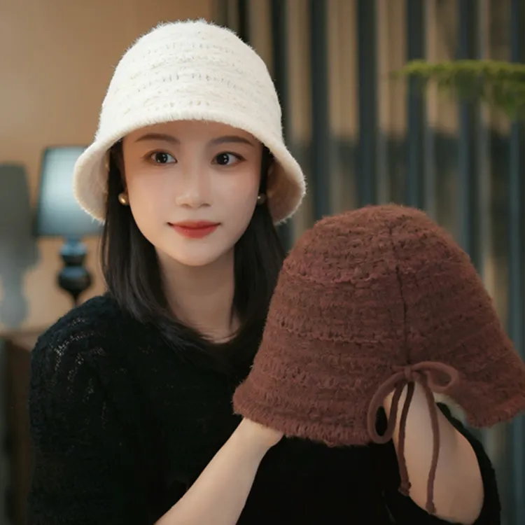 秋冬季后开叉显脸小蝴蝶结针织渔夫帽子女甜美百搭保暖水桶帽盆帽