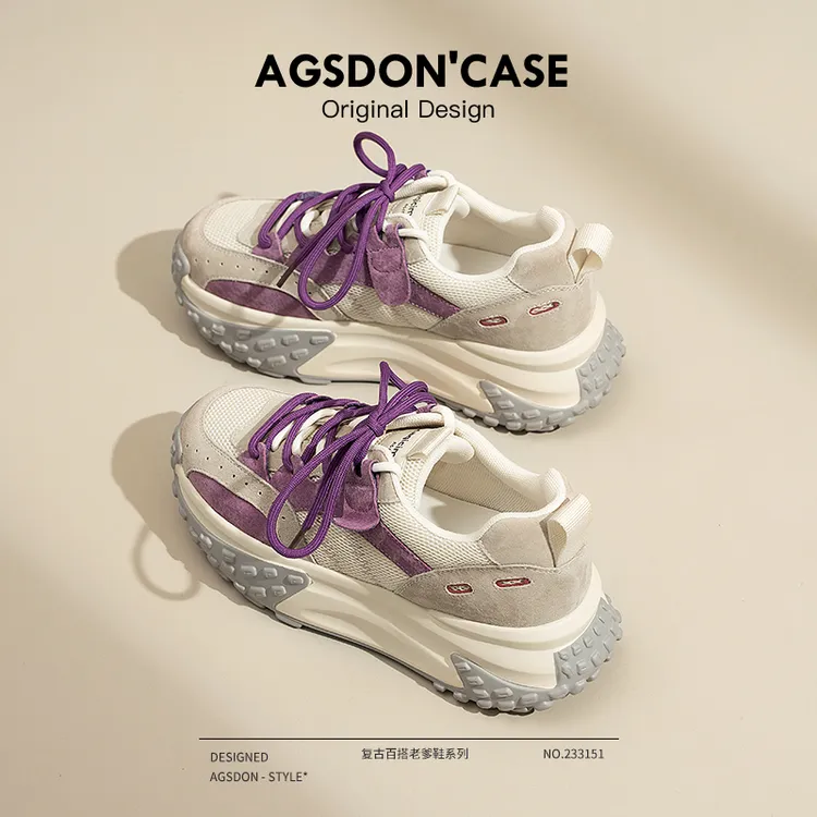 奥古狮登紫色老爹鞋女2025新款夏季欧若风厚底增高榴莲底运动鞋