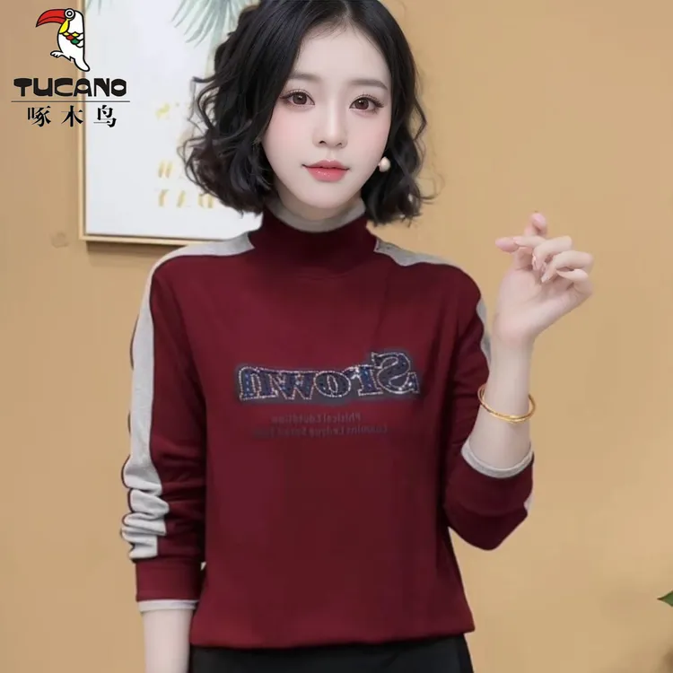 啄木鸟2024年秋冬新款显瘦半高领洋气德绒保暖打底衫减龄上衣女