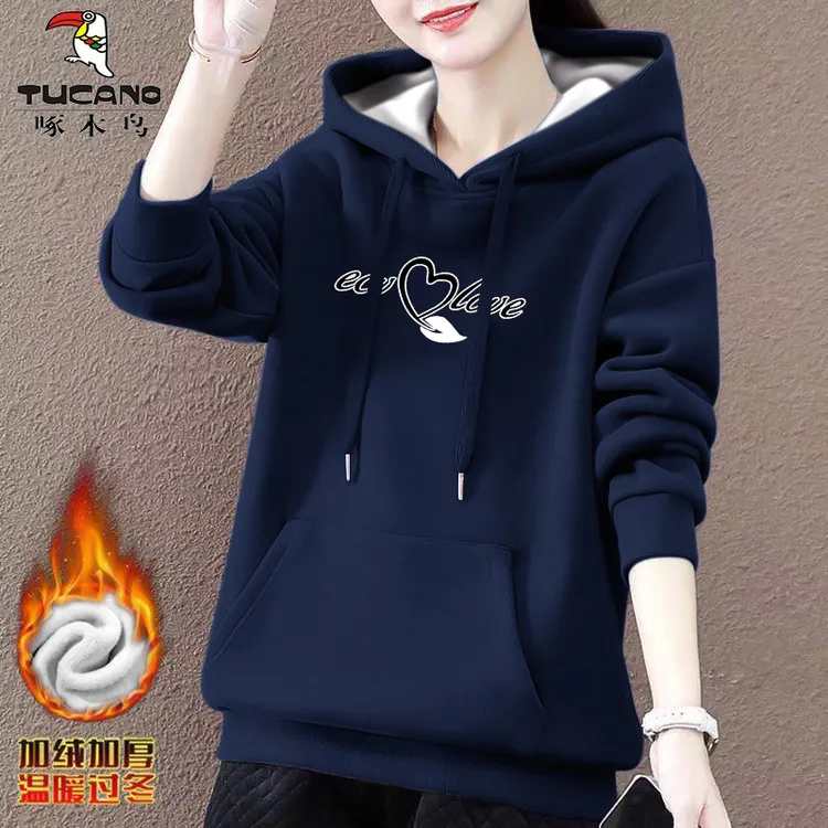 加绒 啄木鸟正品2023秋冬季新款休闲女字母卫衣套头百搭连帽卫衣