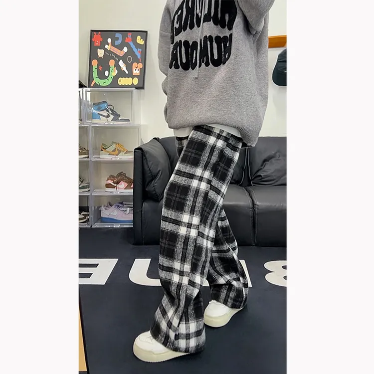 慵懒风黑白毛呢格子裤男加绒加厚格纹保暖休闲裤直筒宽松阔腿裤冬