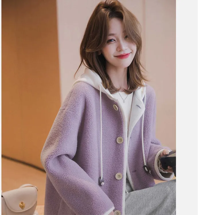 保暖单排扣皮毛一体撞色连帽羊羔毛开衫外套宽松上衣女秋冬短外套