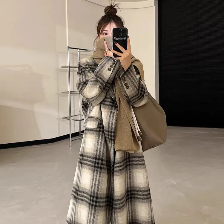 加厚重工长款宽松复古格子毛呢外套时尚小个子百搭妮子大衣女秋冬