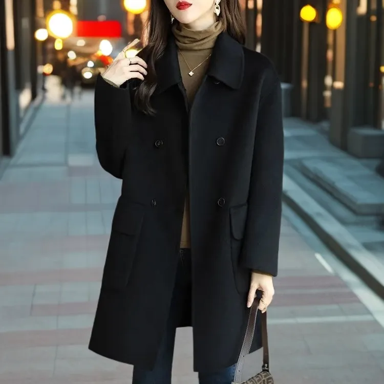 〖专属链接〗大码宽松遮肉显瘦重工秋冬双排扣毛呢外套女呢大衣