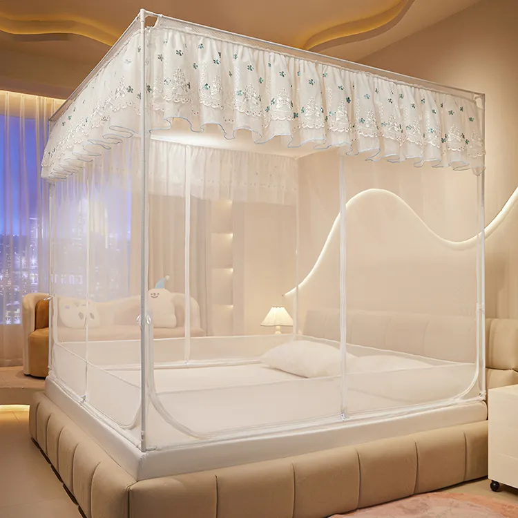 双层蕾丝边坐床蚊帐回底三开门TU拉链蚊帐加密防蚊加高大空间