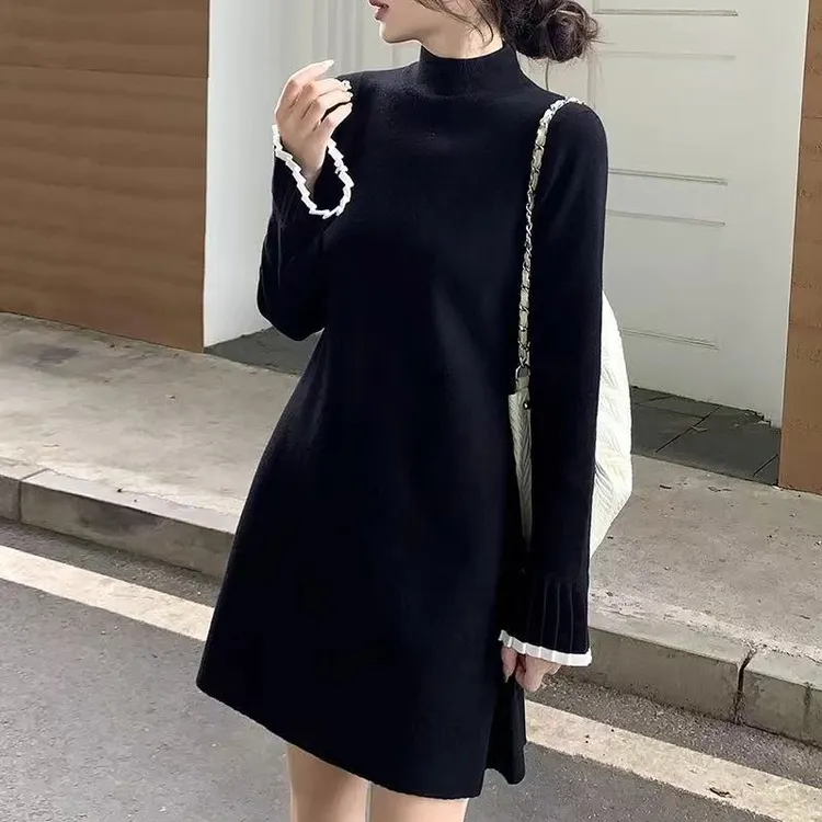 秋冬新款内搭针织连衣裙女小黑裙中长款打底小个子A字毛衣裙