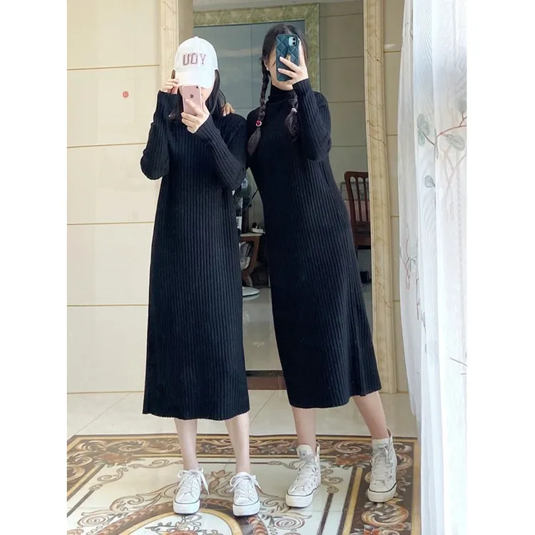 打底针织衫遮屁股连衣裙大码显瘦长袖宽松中长款加厚过膝时尚韩版