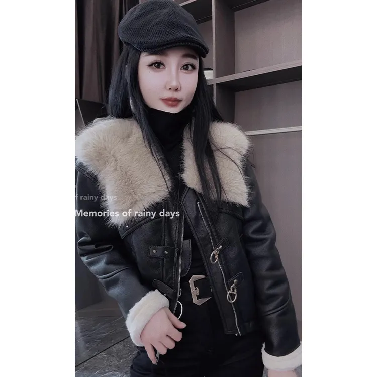 2024高级感时尚气质冬季复古水洗皮加厚毛领外套减龄轻奢百搭洋气