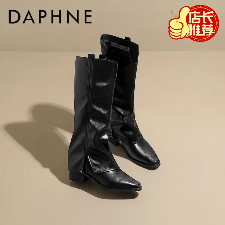 达芙妮V口长靴女款2025冬季爆款英伦风褶皱裤管靴尖头西部牛仔靴
