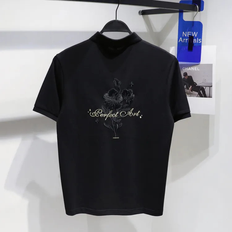 花卉刺绣潮牌新款polo衫男短袖百搭夏季翻领黑色上衣休闲轻奢商务