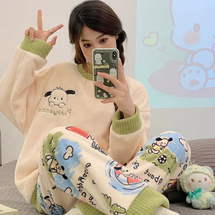 秋冬季睡衣女款春秋爆款可爱可外穿冬天加绒加厚珊瑚绒家居服套装