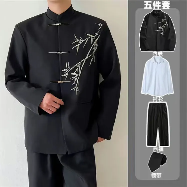 新中式国风中山装翠竹飞机扣立领西装套装男高级感休闲唐装西服