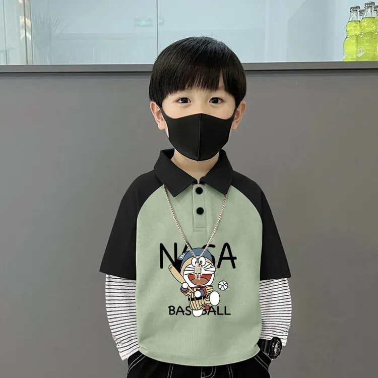 儿童秋季长袖POLO衫棉质插肩撞色条纹假两件韩版秋装男童女童上衣