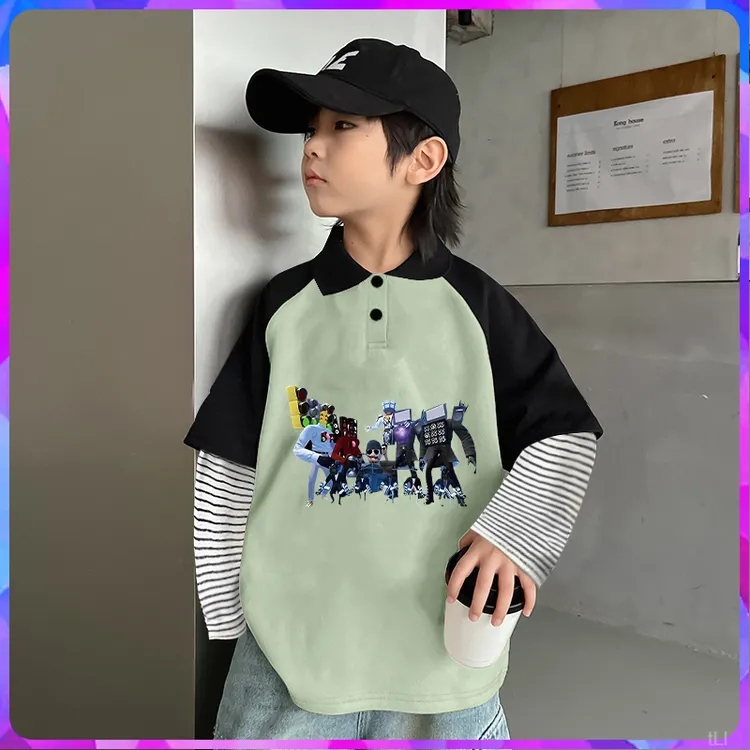 新款卡通男童POLO衫男孩子泰坦人大战音响巨人长袖T恤印花假两件