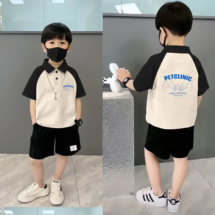 儿童套装男童男孩6-14岁潮款百搭宽松撞色拼接POLO衫短袖短裤套装