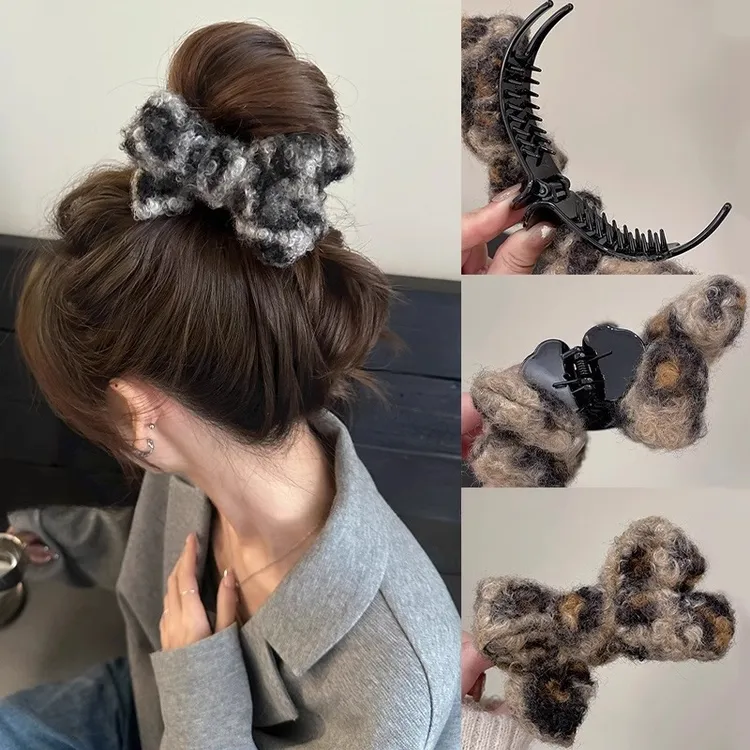 豹纹卷毛边丸子头！秋冬复古卷毛丸子头抓夹大号蝴蝶结高级感发夹