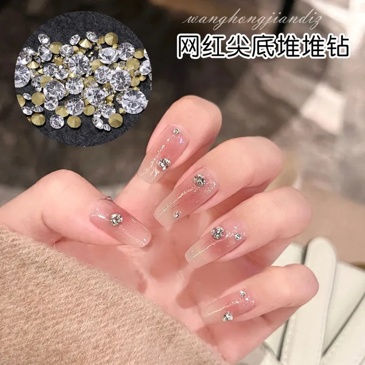 Yy【透白尖底堆堆钻】1000颗 超闪白色填缝美甲钻圆钻混合装