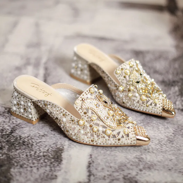 水钻包头拖鞋狐狸头粗跟镂空凉鞋高跟包头尖头半拖鞋