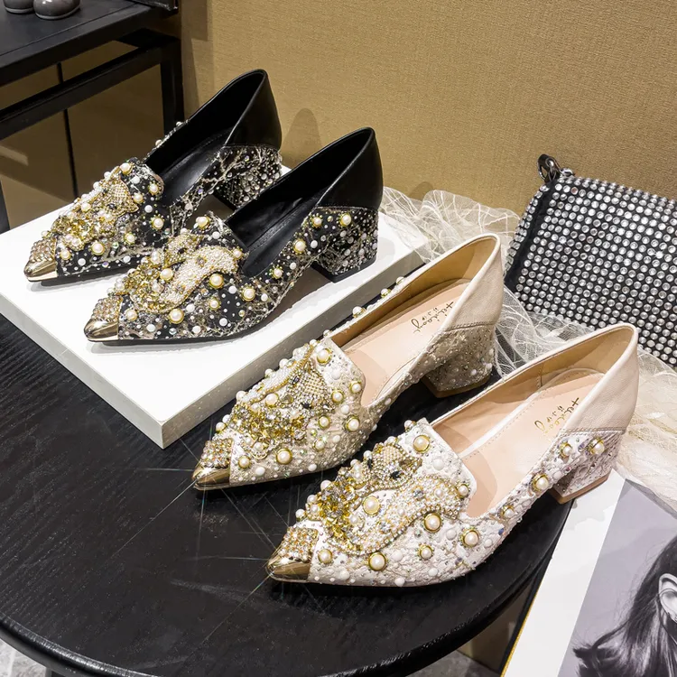 A956-9A粗跟单鞋浅口秋季新款不累脚单鞋尖头高跟水钻狐狸单鞋女