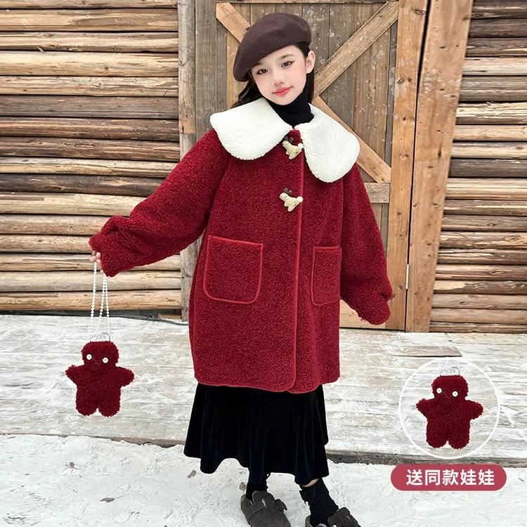 女童年服大衣2024新款6-12岁洋气中大童冬季加绒加厚红色毛毛外套