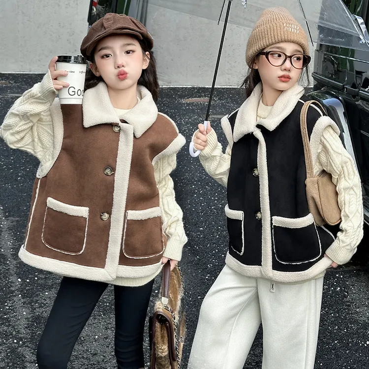 女童皮毛一体马甲2024新款洋气秋冬中大童加绒加厚羊羔绒保暖外套
