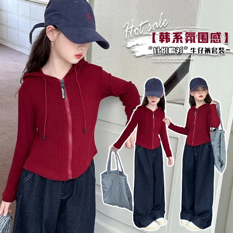 女童秋季套装2024新款洋气针织长袖中大童韩版时尚休闲阔腿牛仔裤