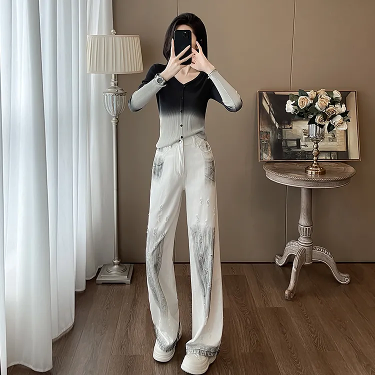 长袖V领修身针织衫套装春夏爆款显瘦高腰直筒牛仔裤女士两件套
