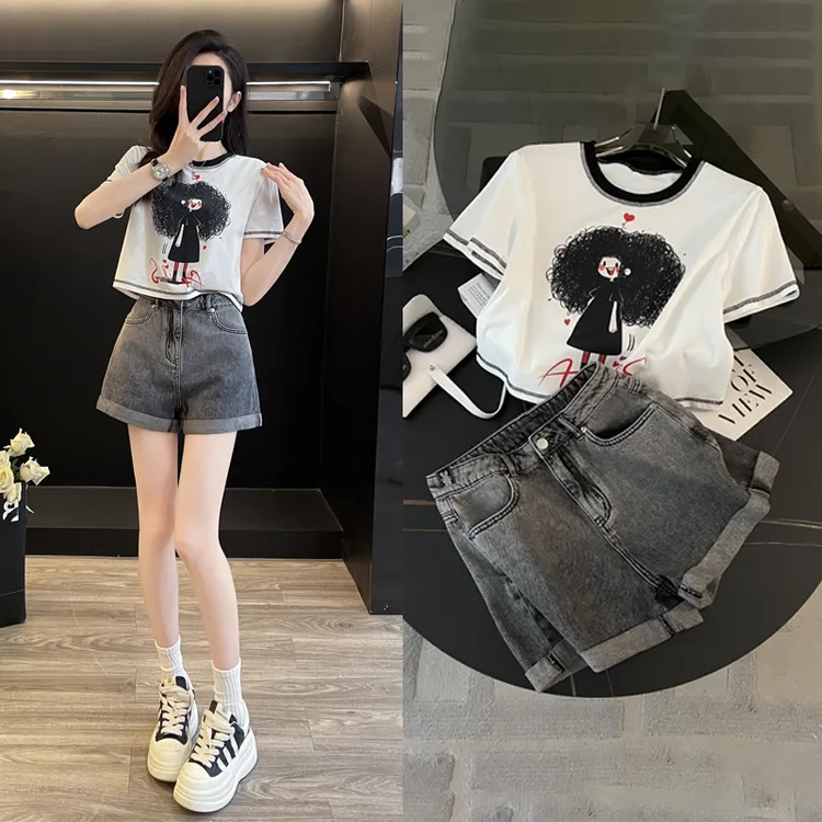 网红白色印花短袖牛仔短裤时尚套装夏季洋气显瘦小个子减龄两件套
