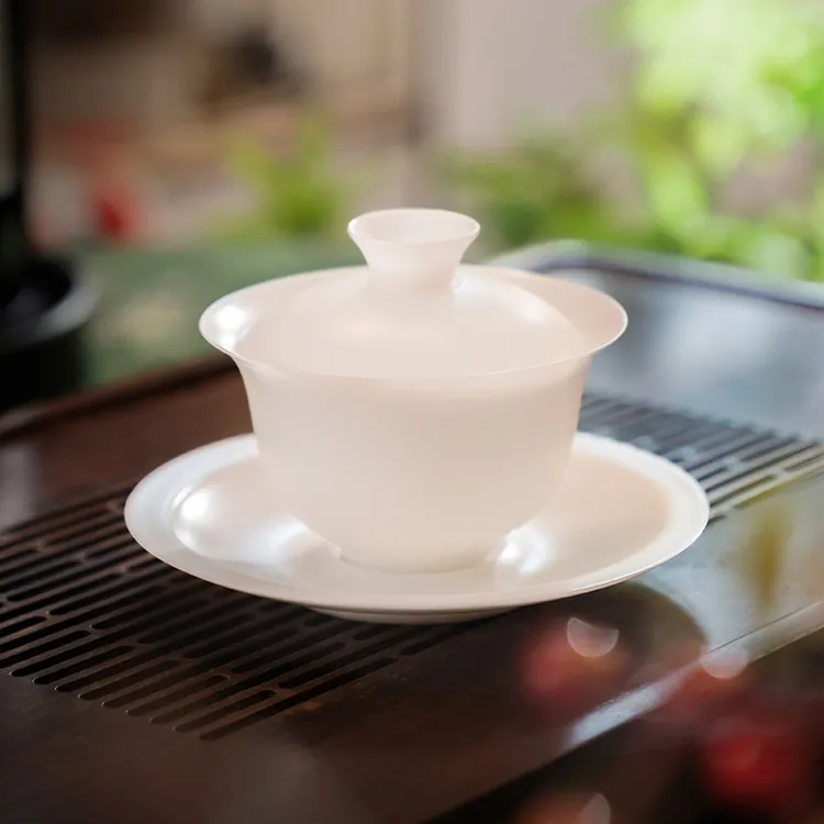 冰种薄胎盖碗高档中国白德化手工羊脂玉瓷白瓷薄胎三才盖碗茶具