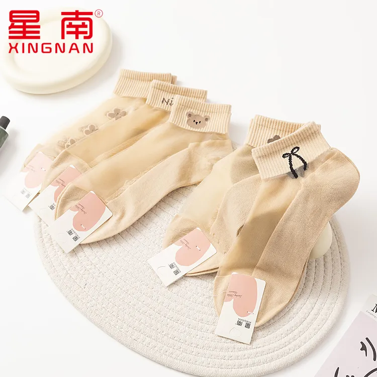 夏天薄款短袜女士拼接玻璃丝短筒棉底袜透气吸汗袜子夏季ins高弹