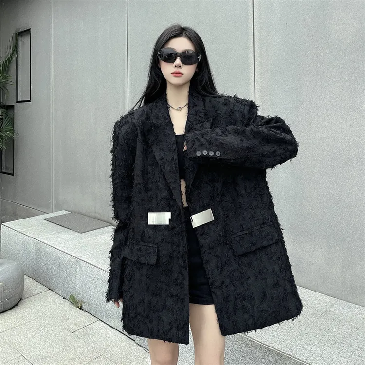 洋气时尚须边拉毛高级感西装外套女秋冬中长款宽松设计感夹棉上衣
