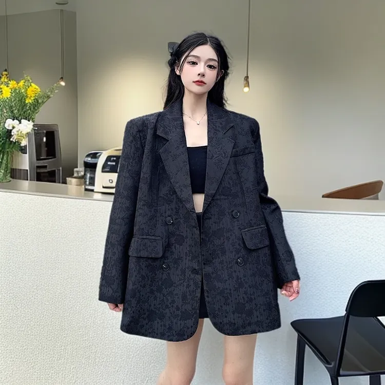 高级感洋气提花黑色西装外套女秋季新款别致气质双排扣西服上衣潮