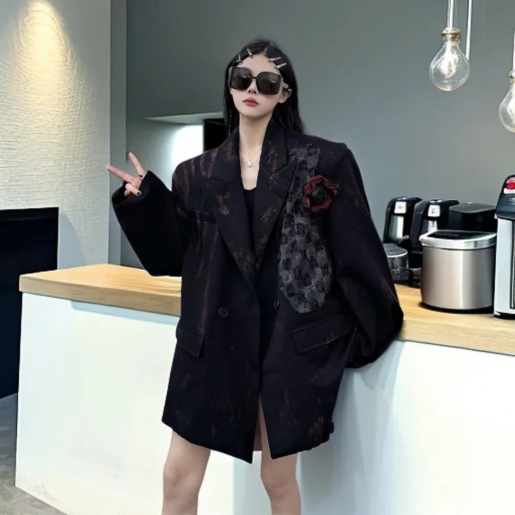 老钱风洋气时尚西装外套秋季宽松轻奢气质高级感立体玫瑰花西服潮