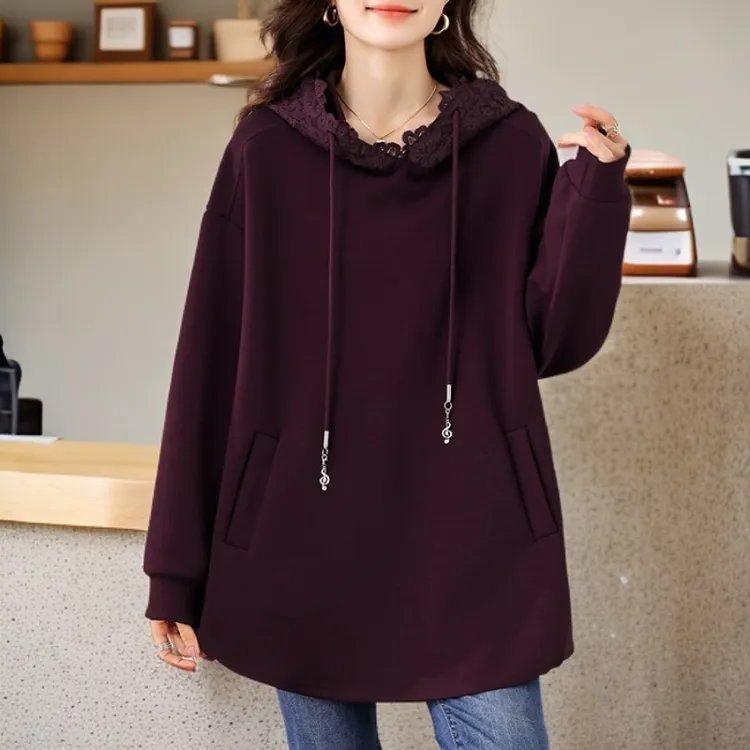 秋冬新款洋气复古蕾丝拼接连帽卫衣女宽松大码女装欧货高级感外套