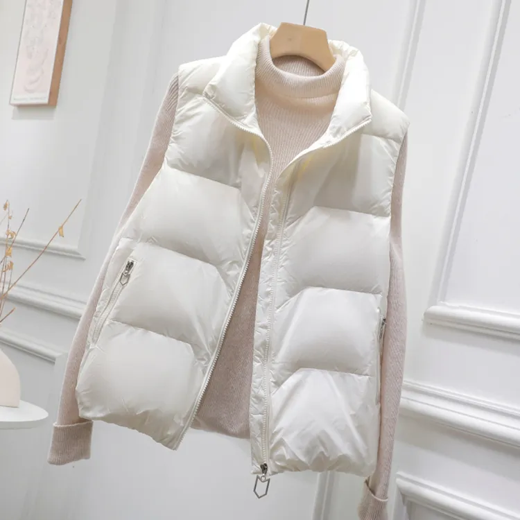 初冬新品白鸭绒马甲女短款立领坎肩马夹女宽松显瘦时尚百搭短外套