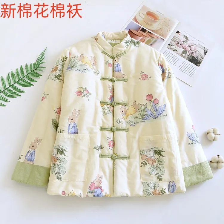 新疆长绒棉新棉花夹棉加厚保暖棉衣棉服女冬季印花盘扣大码棉花袄