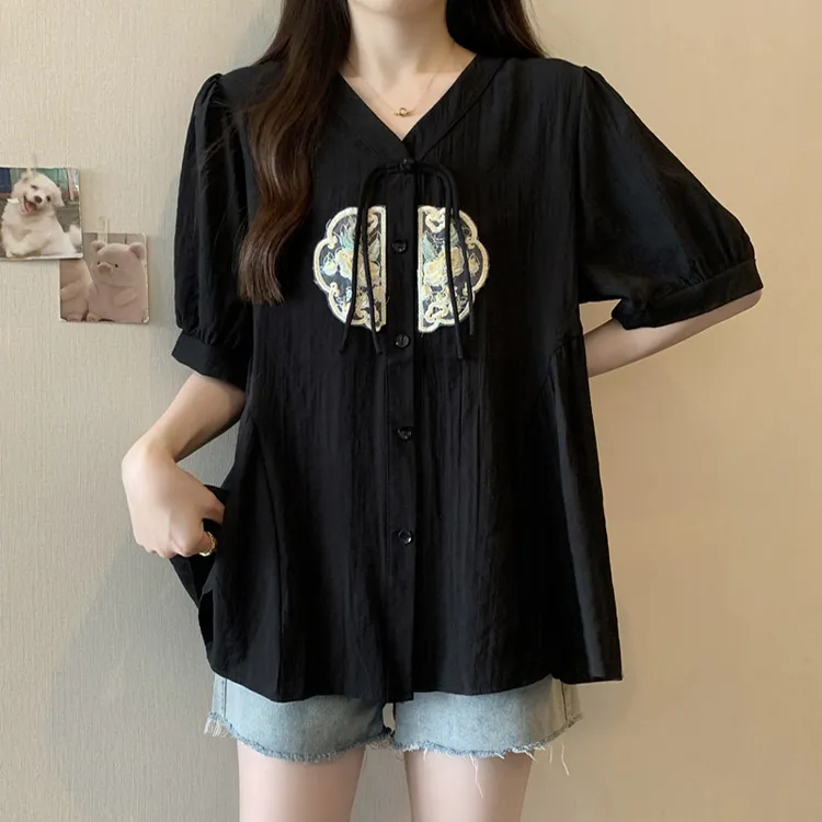大码女装遮肚子新中式雪纺小众衬衫女夏季胖妹妹洋气百搭遮肉韩版