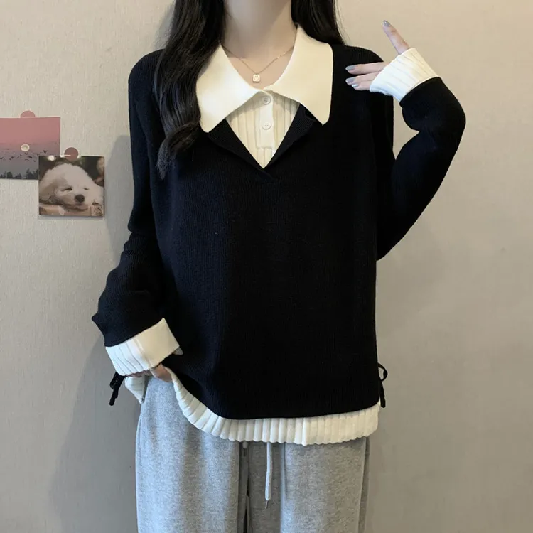 大码女装遮肚子假两件POLO领针织衫女秋冬胖妹妹宽松显瘦打底毛衣