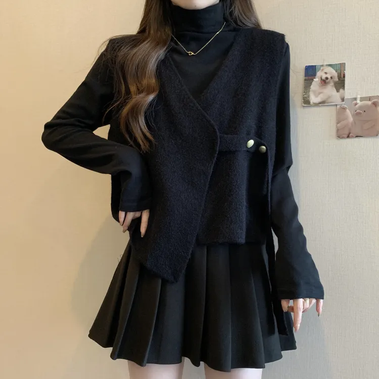 大码遮肚子小香风毛呢马甲两件套女秋冬胖妹妹显瘦内搭T恤打底衫
