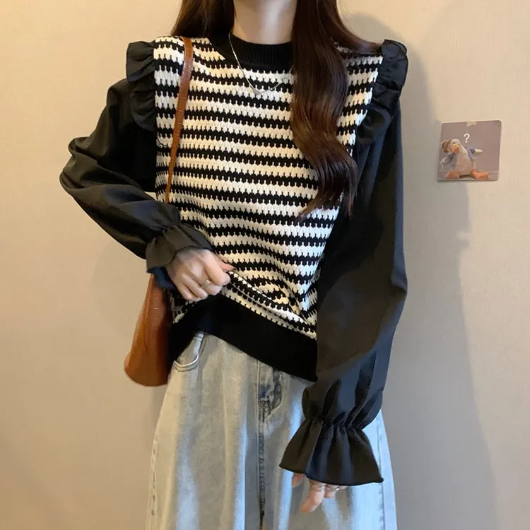 大码女装韩版遮肚假两件长袖春秋胖mm显瘦拼接百搭上衣
