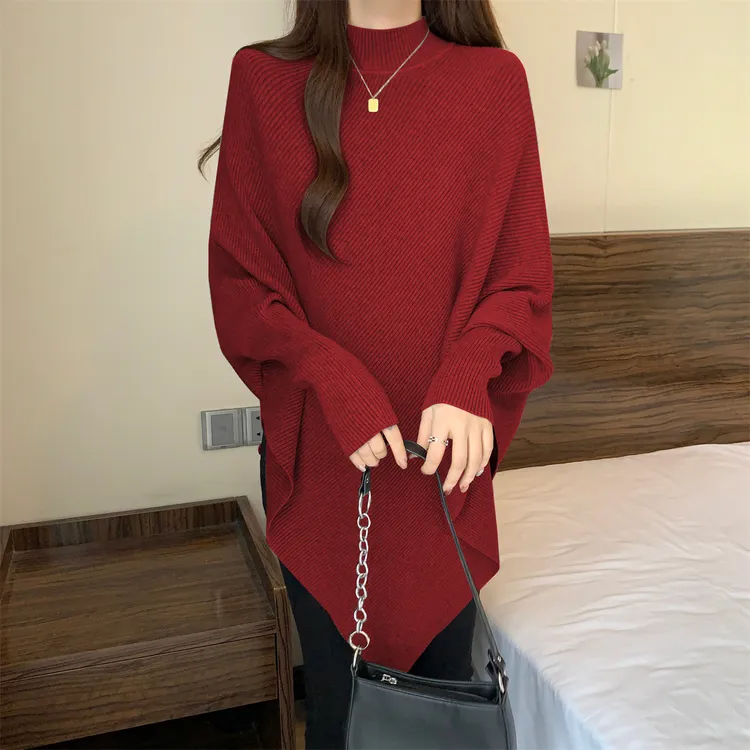 法式半高领毛衣针织衫女秋冬大码胖mm中长款不规则蝙蝠袖斗篷上衣