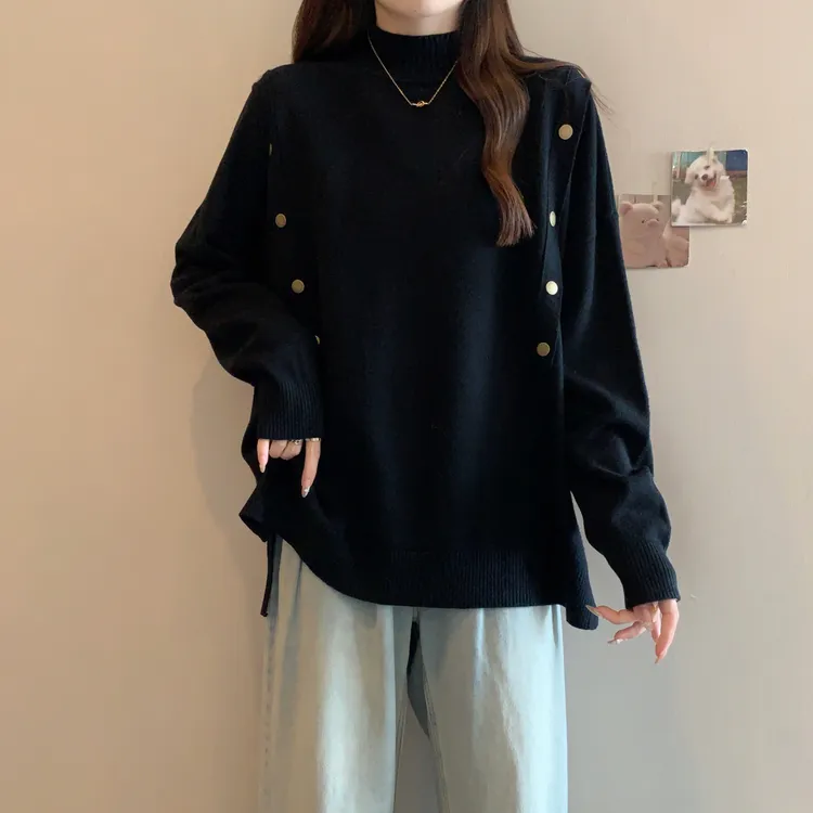 大码女装遮肚子慵懒风半高领针织衫女秋冬胖妹妹显瘦洋气内搭上衣