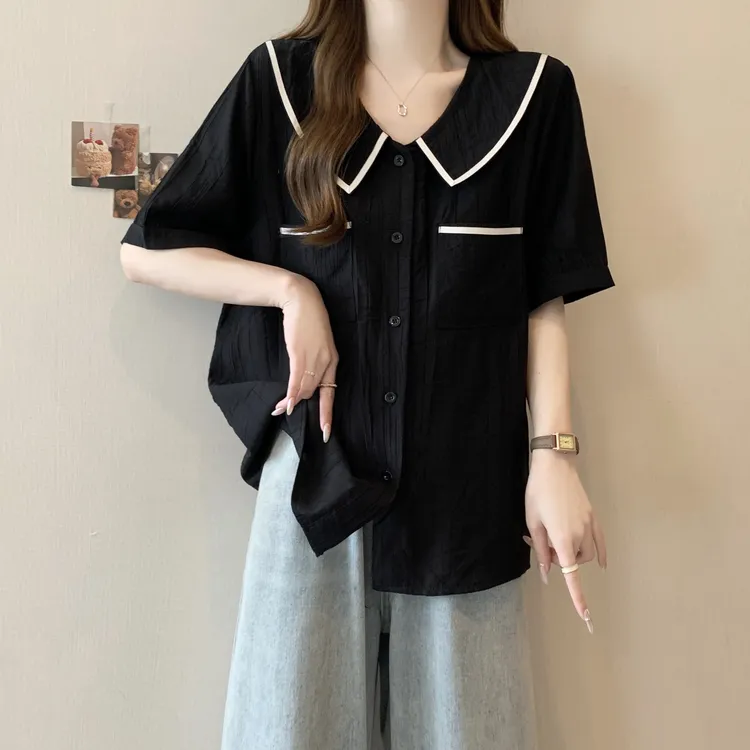 大码女装法式娃娃领遮肚子小众衬衫女夏季胖妹妹宽松显瘦短袖上衣