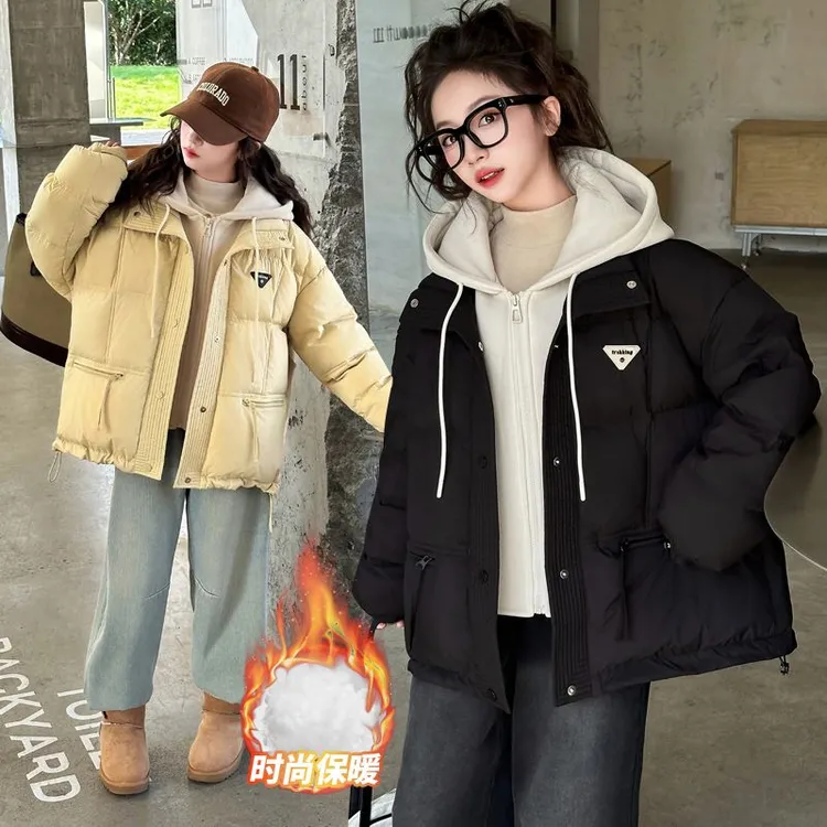 女童冬季韩版休闲加厚棉服外套中大童时髦洋气连帽假两件冬装棉衣