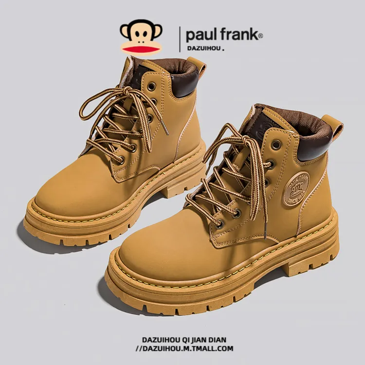 paul frank/大嘴猴秋冬加绒马丁靴女款高帮厚底大黄靴英伦风靴子
