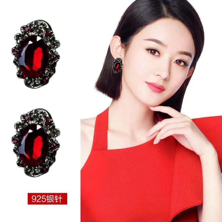 合金仿水晶耳饰 欧美复古红色耳钉气质百搭高级感耳环925银针耳坠