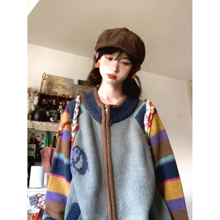 美式复古撞色条纹毛衣女叠穿秋冬新款针织开衫设计感拉链宽松外套