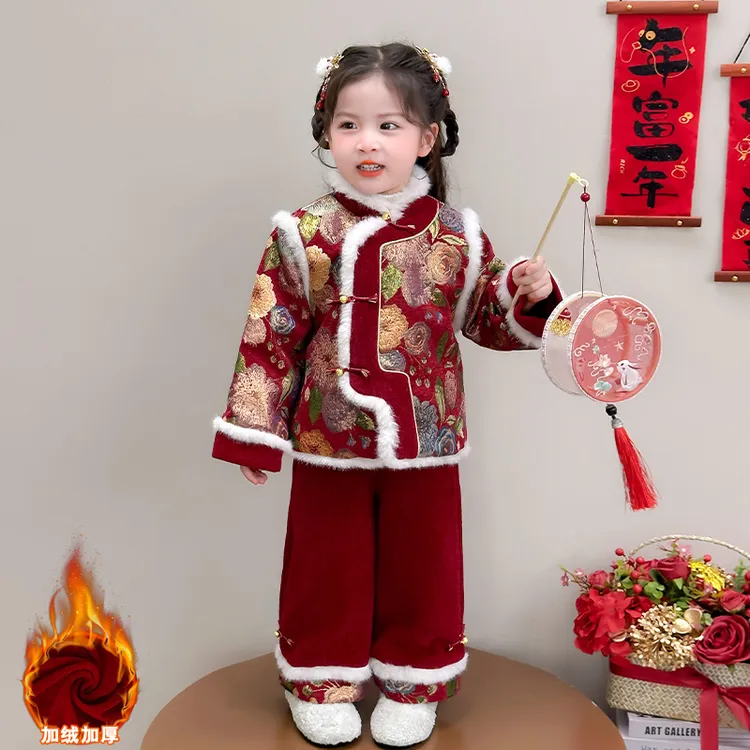 女童红色本命年套装2026新款儿童装女宝宝加厚拜年服汉服冬季新年