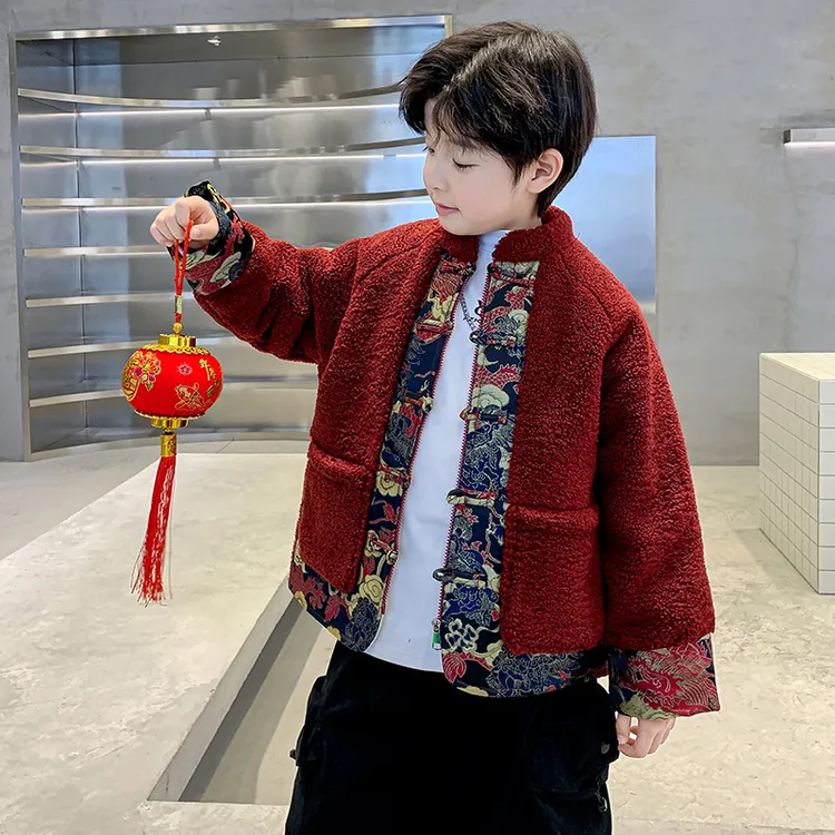 男童红色加绒加厚外套2025新款儿童汉服拜年服毛毛衣马年国风新年