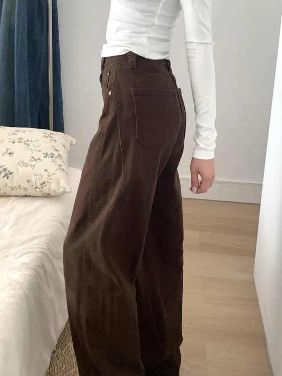 美拉德棕色宽松阔腿拖地牛仔裤女秋冬加绒复古拼接弯刀高腰垂感